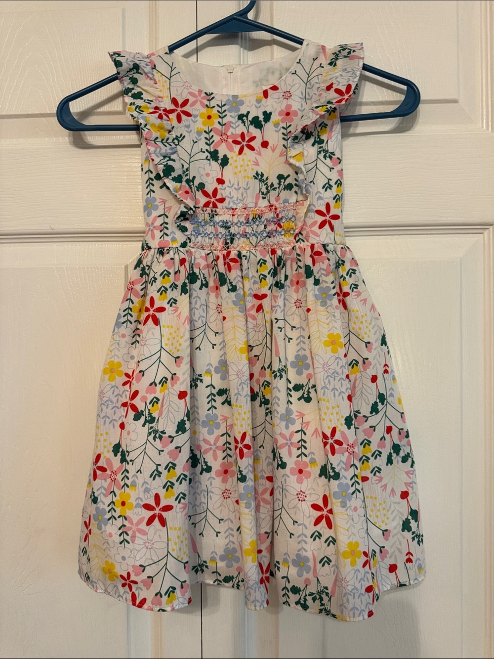 Rare Editions White Floral Smocked Dress with Red, Yellow & Pink Flowers